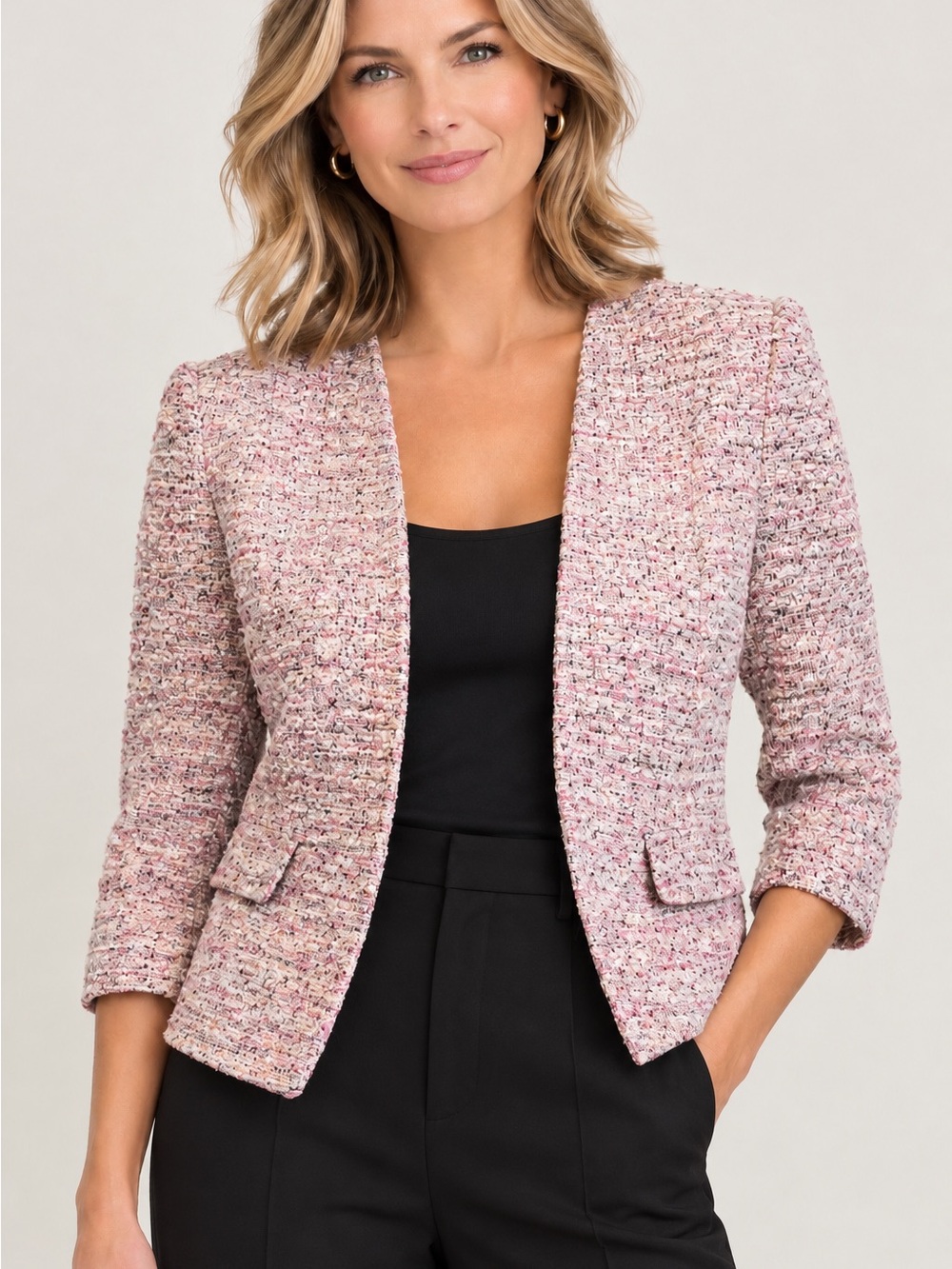 Kasper Pink Tweed 3/4 sleeve Open-Front Blazer 12US